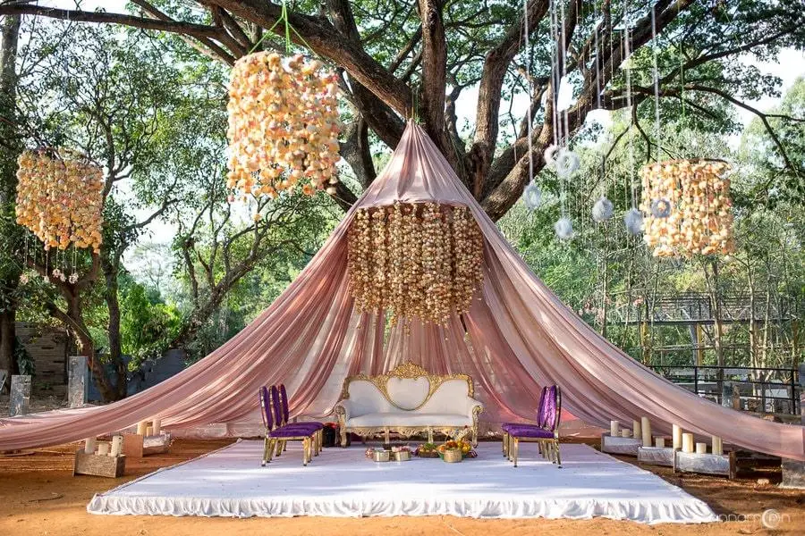 Enchanting Outdoor Wedding Canopy Under a Majestic Tree Elegant outdoor wedding setup under a large tree, featuring a pastel pink draped canopy cascading from the branches.