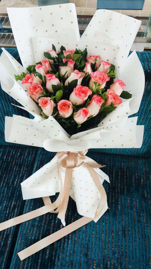 Rose Whisper: Pink-Edged Roses in Gold Polka Wrap - Image 3