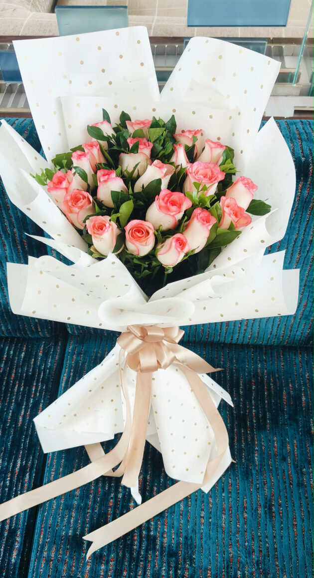 Rose Whisper: Pink-Edged Roses in Gold Polka Wrap - Image 2