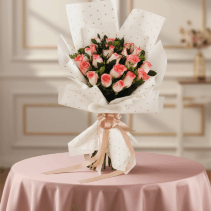 Pink Rose Bouquet in Polka Wrap