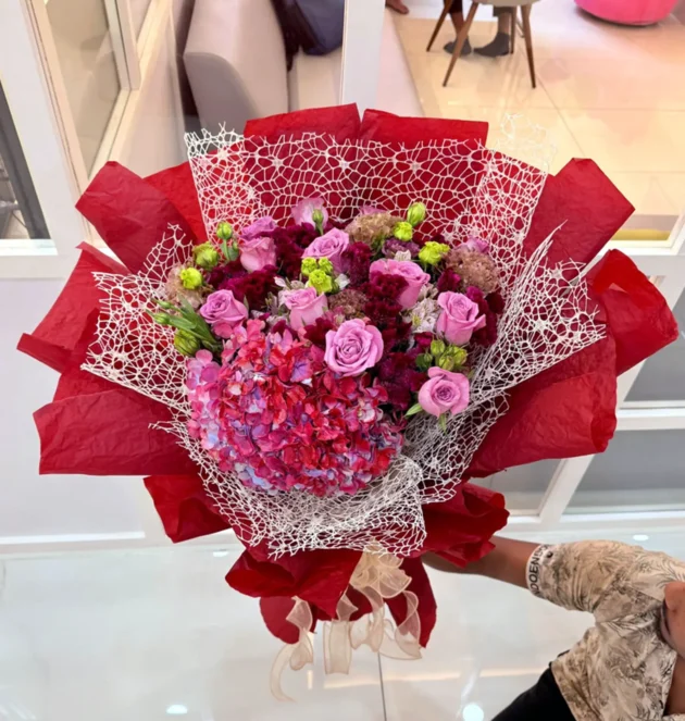 Mixed Red Roses, Hydrangeas, and Carnations Bouquet - Image 3