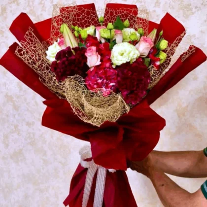 Mixed Red Roses, Hydrangeas, and Carnations Bouquet